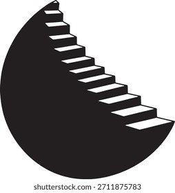 Un llamativo gráfico de Vector en blanco y negro que representa una serie de escalones que forman una escalera que parece curvarse dentro de un límite circular. El contraste entre la masa negra sólida y el paso blanco