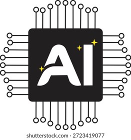 Um impressionante gráfico vetorial preto e branco ilustrando um microchip de inteligência artificial conceitual. O componente quadrado central é retratado em preto sólido, destacando as letras negras brancas 'AI' para significar Inteligência Artificial. Brilhos sutis amarelos de quatro pontos são estrategicamente colocados perto das letras 'A' e 'I', acrescentando um toque de brilho e inovação ao design. Numerosas linhas pretas finas, cada uma terminando em um pequeno círculo aberto, emanam de todos os quatro lados do chip central, representando os intrincados pinos e conexões de um circuito integrado moderno. Essa ilustração minimalista e limpa visualiza com eficiência a integração da IA no hardware de computação avançada, enfatizando a inteligência, a conectividade e o avanço tecnológico.