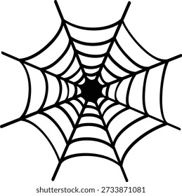 Striking black and white vector graphic representing a classic circular spiderweb design. This intricate, stylized silhouette is perfect for seasonal, spooky, or nature-themed design projects needing a simple yet effective illustration.