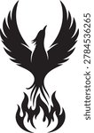 Striking black and white vector illustration of a mythical phoenix bird rising from flames with detailed feathers and fire