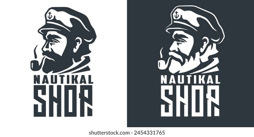 Striking black and white vector illustration of a bearded sea captain wearing a captain's hat, perfect for nautical-themed branding, maritime businesses, and sailor identity designs.