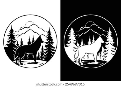 A striking black and white vector illustration of a wolf silhouetted against a scenic mountain range with a full moon in the sky.