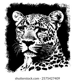 striking black and white vector illustration of a leopard, emphasizing its bold spotted pattern and intense gaze with intricate textures and shading.