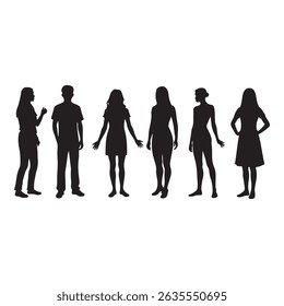 A striking black and white vector illustration depicts a diverse group of people standing in silhouette. This silhouette design features both female and male figures in varied dress and clothing