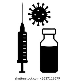 A striking black and white vector illustration depicts a vaccine vial and syringe, offering a visual representation of vaccination and immunization. 