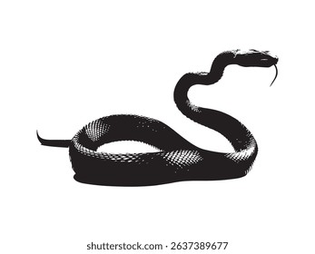 A striking black and white vector illustration depicts a coiled snake, poised to strike. This detailed graphic showcases the serpent's textured scales and menacing posture