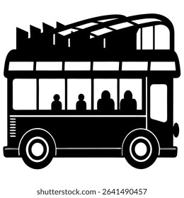 A striking black and white vector illustration depicts a classic double-decker bus navigating a bustling city. 