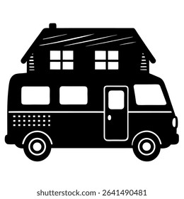 A striking black and white vector illustration presents a unique campervan design. The RV features a creatively rendered upper structure shaped like a house