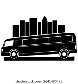 A striking black and white vector illustration depicts a bus seamlessly integrated with a stylized city skyline, offering a unique concept.