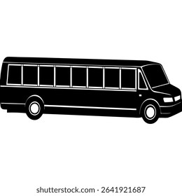 A striking black and white vector illustration depicts a modern passenger school bus, an essential transportation vehicle.