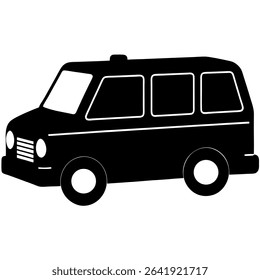 A striking black and white vector illustration depicts a classic van in a flat design style. 