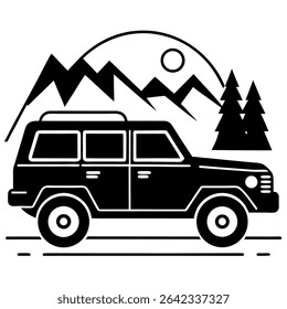 A striking black and white vector illustration depicts an adventurous off-road SUV traversing a mountainous landscape.