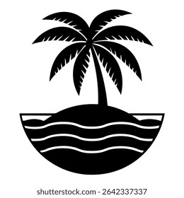 A striking black and white vector illustration depicts a tranquil tropical island scene. A solitary palm tree stands tall on the beach, silhouetted against the crashing ocean waves.