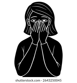 Uma impressionante ilustração vetorial em preto e branco retrata uma silhueta de uma mulher que expressa choque ou ansiedade.