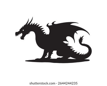 A striking black and white vector illustration features a majestic dragon silhouette