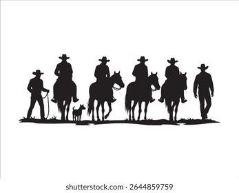 A striking black and white vector illustration depicts a timeless scene of cowboys and their canine companion.