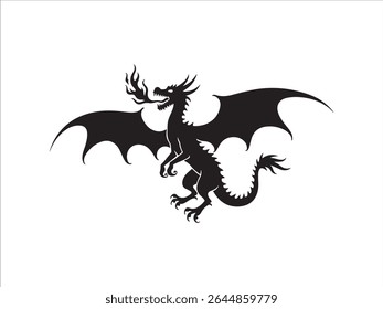 A striking black and white vector illustration presents the imposing silhouette of a flying dragon engulfed in fire