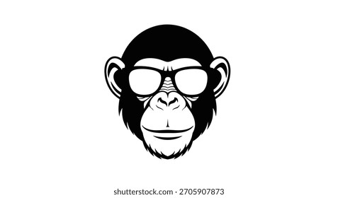 Um impressionante vetor preto e branco ilustrando a cabeça de um chimpanzé usando óculos de sol elegantes, exalando uma vibração fria e confiante.