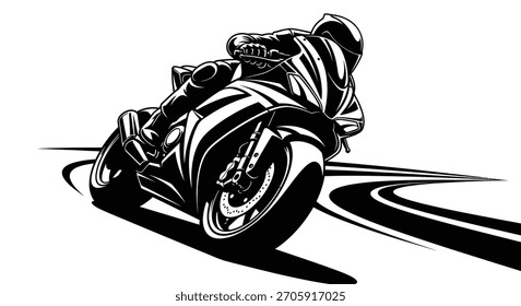 Una llamativa Ilustración vectorial en blanco y negro captura a un motociclista con todo su equipo de carreras, inclinándose hacia una curva en una pista sinuosa, transmitiendo velocidad y agilidad.