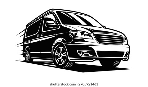 Una llamativa Ilustración vectorial en blanco y negro de una furgoneta de reparto contemporánea, representada con líneas de movimiento para transmitir velocidad y movimiento.