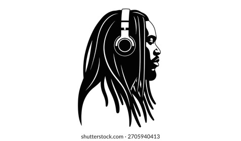 Una llamativa Ilustración vectorial en blanco y negro que representa el perfil lateral de un individuo con rastas largas, absorto en la música a través de auriculares modernos.