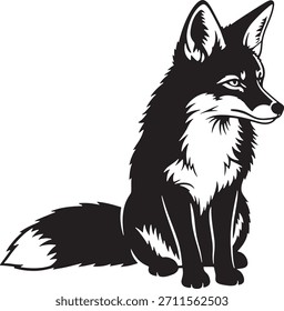 Una llamativa Ilustración vectorial en blanco y negro de un zorro sentado. El diseño presenta líneas nítidas y un alto contraste, lo que lo hace adecuado para logotipos, calcomanías o proyectos de Diseño gráfico. El animal es Depi