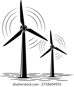 A striking black and white vector illustration depicts two wind turbines, a large one and a smaller one, standing tall 