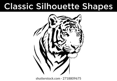 Llamativa Ilustración vectorial en blanco y negro de la cabeza de un tigre, perfecta para proyectos de Diseño gráfico y temática animal.