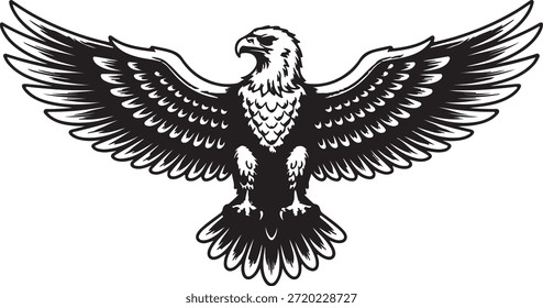 Una llamativa Ilustración vectorial en blanco y negro de un águila calva en pleno vuelo con poderosas alas extendidas, listas para la acción.
