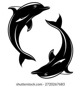 Ilustração de vetor preto e branco impressionante com dois golfinhos estilizados nadando em um arranjo harmonioso e dinâmico, ideal para marcas marinhas, projetos de vida selvagem ou temas aquáticos elegantes.
