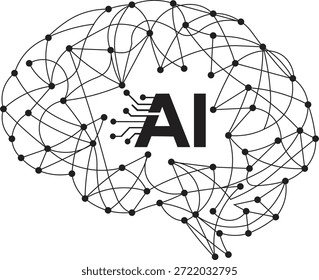 Uma impressionante ilustração vetorial em preto e branco que representa o conceito de inteligência artificial. A imagem apresenta um contorno do cérebro humano composto por nós e linhas interconectados, simbolizando uma rede neural complexa ou sistema de processamento de dados. No núcleo desta intrincada rede, as letras em negrito 'AI' para Inteligência Artificial são exibidas de forma proeminente, com elementos de placa de circuito sutil integrados no 'A'. Este gráfico transmite de forma eficaz a sinergia entre o intelecto humano e a tecnologia computacional avançada, representando conceitos como aprendizagem de máquina, aprendizagem profunda e inovação baseada em dados.