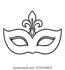 Ilustração de vetor preto e branco impressionante de uma máscara de máscaras adornada com um emblema elegante de flor de lis, evocando mistério e celebração.