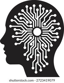 Uma impressionante ilustração vetorial em preto e branco que representa a silhueta de uma cabeça humana em perfil, contendo um intrincado padrão de placa de circuito branco. Este design representa visualmente conceitos como inteligência artificial, aprendizagem de máquina, pensamento digital e a integração da tecnologia com a mente humana. O padrão da placa de circuito apresenta um componente circular central a partir do qual numerosas linhas se ramificam, terminando em pontos circulares menores, criando uma rede neural complexa ou estrutura semelhante a processador dentro da área do cérebro. Essa imagem simboliza efetivamente a inovação, o processamento de dados e o futuro da tecnologia cognitiva, tornando-a ideal para artigos, apresentações ou marcas relacionados à tecnologia.
