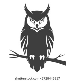 Uma impressionante ilustração vetorial em preto e branco representando uma coruja estilizada empoleirada em um galho. A coruja apresenta tufos de orelha proeminentes e um olhar intenso e feroz, criado através de ângulos agudos e linhas minimalistas. O design utiliza espaço negativo para detalhes sobre o rosto e as penas, dando-lhe uma forte qualidade de silhueta gráfica adequada para logotipos, ícones ou desenhos de vestuário.
