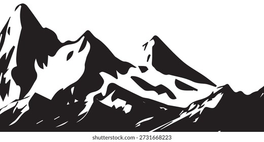 A striking black and white vector illustration depicting a rugged mountain range with sharp peaks and valleys, showcasing a minimalist yet powerful natural landscape.