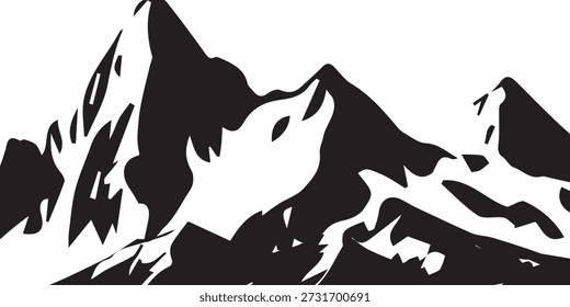A striking black and white vector illustration of a rugged mountain range, showcasing sharp peaks and valleys with a minimalist, high-contrast aesthetic.