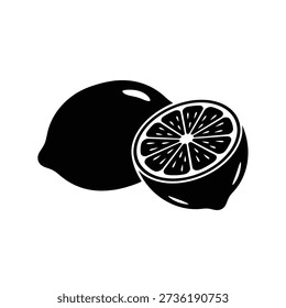 A striking black and white vector illustration of a whole lemon and a half lemon, perfect for fresh food and beverage designs.