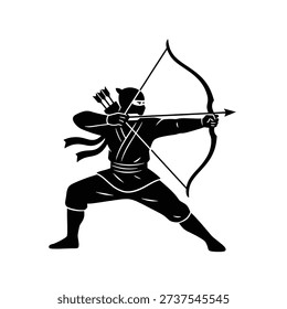Striking black and white vector illustration of a Native American archer in dynamic action pose, ideal for cultural and historical projects.