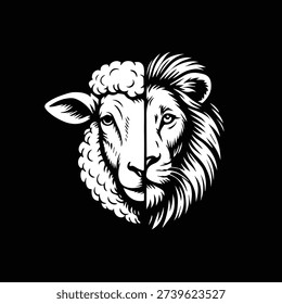 Striking black and white vector illustration depicting a symmetrical hybrid face merging a gentle sheep on the left with a powerful lion on the right. The sheep side features textured curly wool, soft rounded nose, and serene eye, while the lion side showcases dynamic flowing mane, sharp intense eye, angular nose, and fine whiskers against solid black background. Powerful duality concept representing strength and gentleness, courage and meekness, wild and tame coexisting in one identity.