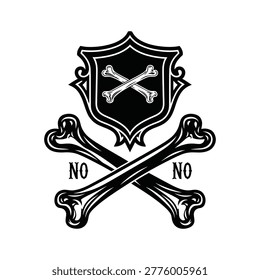 A striking black and white vector illustration of crossed bones with a shield featuring crossed bones inside, labeled with NO text on each side.