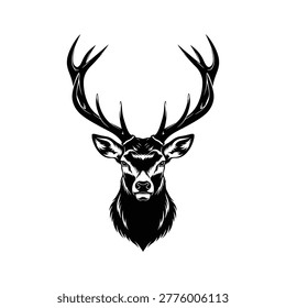 A striking black and white vector illustration of a deer head showcasing large, detailed antlers. Perfect for nature, wildlife, or decorative designs.