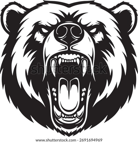 A striking black and white vector illustration of a bear's head, captured mid-roar with bared teeth and an aggressive expression. The detailed artwork emphasizes the power and ferocity of the animal.