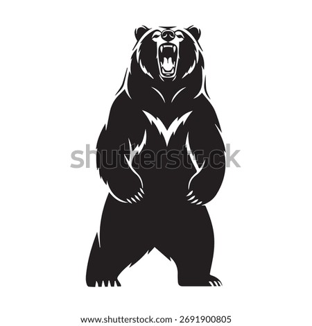 A striking black and white vector illustration of a grizzly bear standing on its hind legs, roaring with an open mouth, showcasing its strength and wild nature.