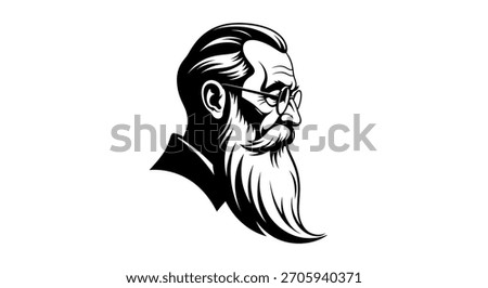 A striking black and white vector illustration of an elderly man's head in profile, featuring a long, flowing beard and spectacles, exuding wisdom and classic style.