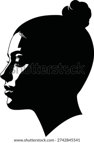 Striking black and white vector illustration depicts a sophisticated woman's profile highlighted by strong contrast and shadows showing facial features and a neat top knot bun hairstyle.