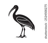 A striking black and white vector silhouette of an ibis bird, perfect for logos, tattoos, and design projects featuring nature and wildlife themes.