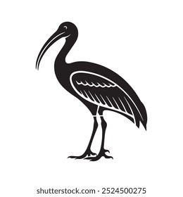 A striking black and white vector silhouette of an ibis bird, perfect for logos, tattoos, and design projects featuring nature and wildlife themes.