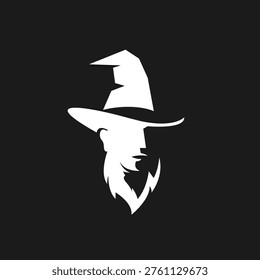 A striking black and white vector silhouette features the profile of a wizard, complete with a distinctive pointy hat and a flowing, detailed beard. This minimalist graphic design is ideal for fantasy-themed branding, game development, book covers, or mystical event promotions.