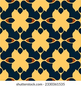 Striking black and yellow abstract pattern with vibrant orange circles, reminiscent of both art deco and art nouveau styles.