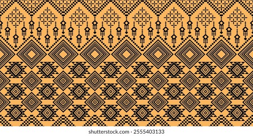 A striking black and yellow geometric pattern, reminiscent of traditional ethnic art. The design features a repeating motif of diamonds, squares, and triangles, creating a bold and graphic look. 